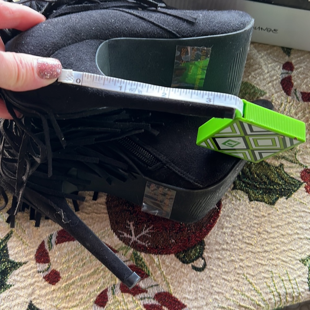 Black Suede Fringe Heeled Booties - Picture 8 of 10